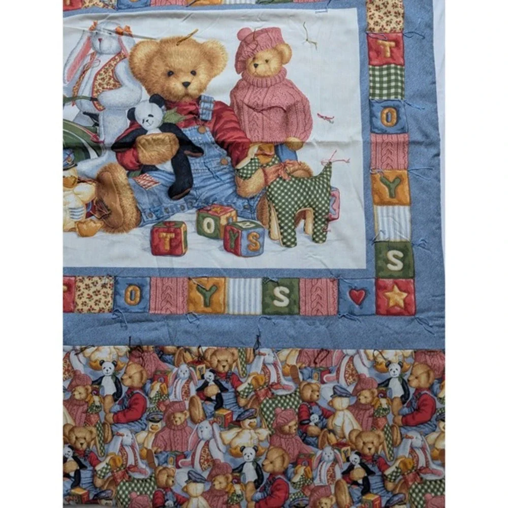 Handmade Teddy Bear Baby Quilt 57x43 Blue Jean Teddy‎ Toys Nursery Blanket